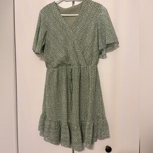 Sage Green Printed Midi Dress with Drawstring Waist